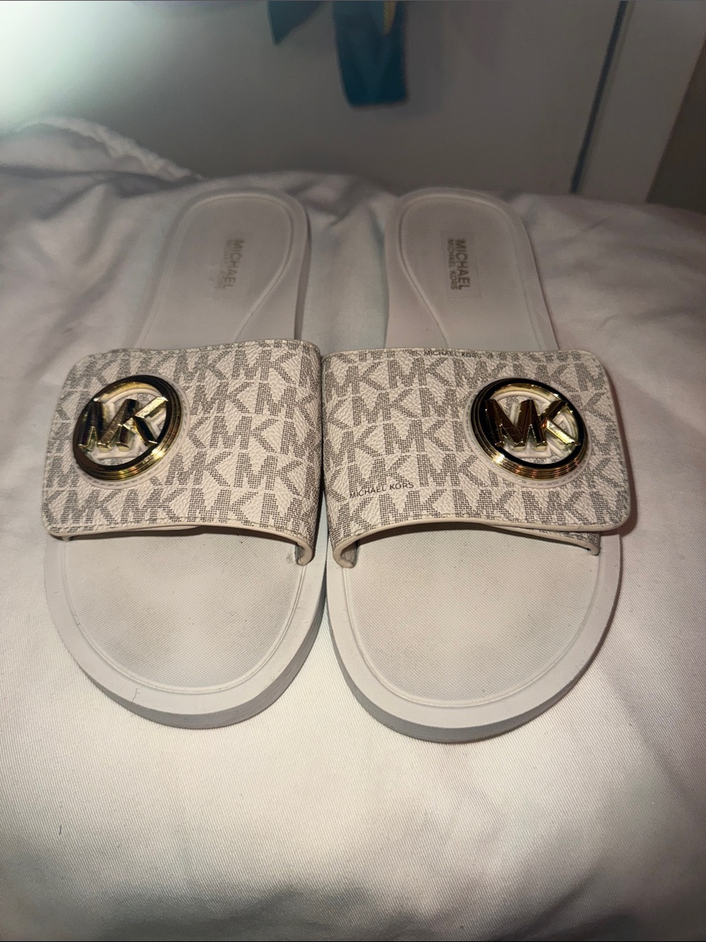 Michael Kors Cream & Gold MK Monogram Slide Sandals
